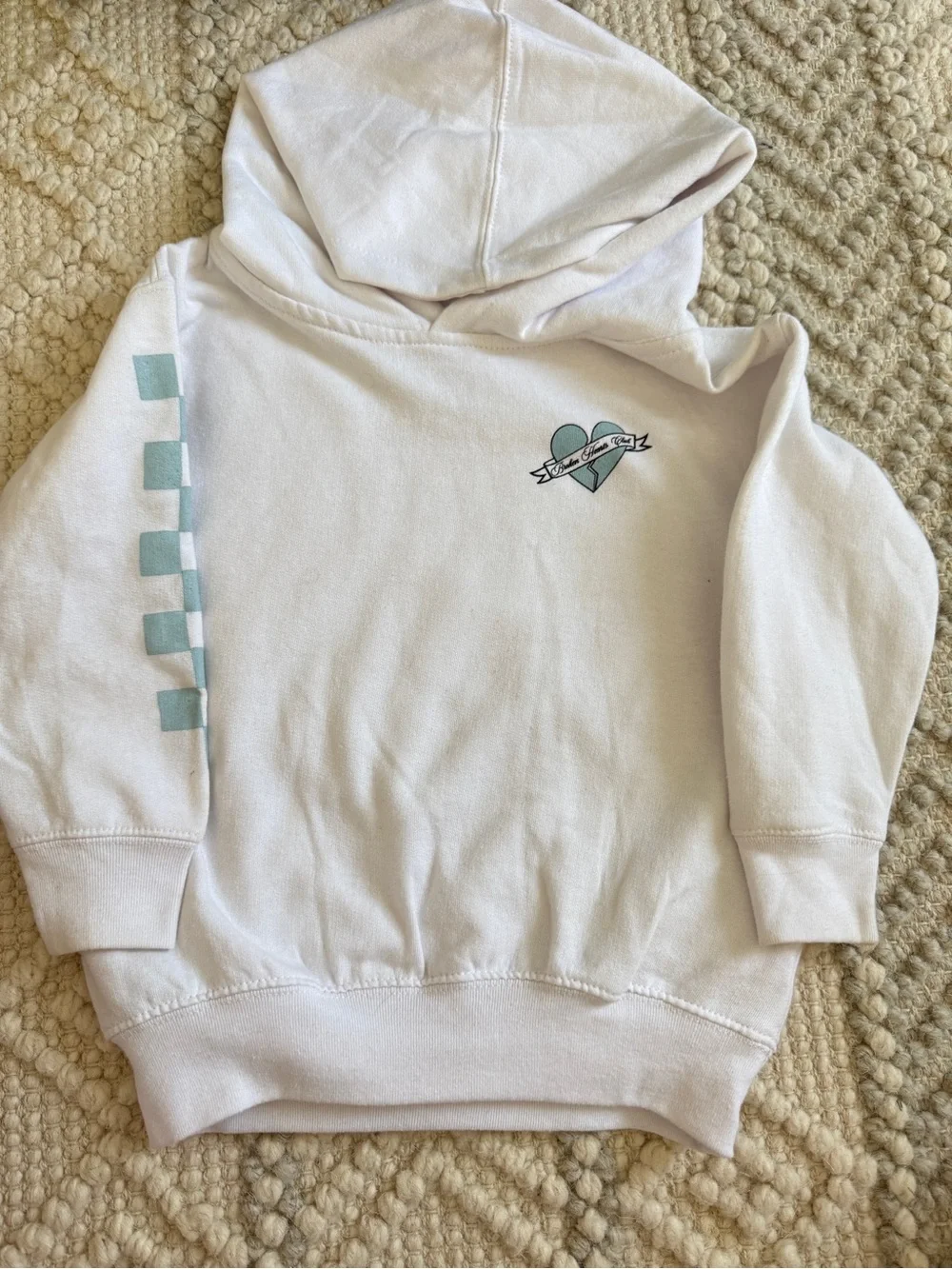 Kids Broken  Heart White Hoodie with Mint Heart Accent